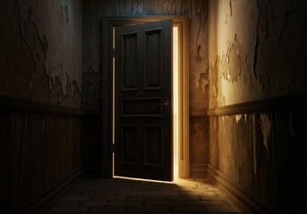 An old wooden door slightly ajar revealing a bright light in a dark, scary room. Concept of fear, supernatural, horror.