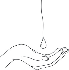 Obraz premium Outline drawing of an open hand catching a single drop of liquid falling from above on a white background.