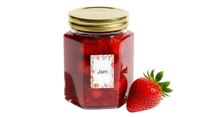 Strawberry jam in a jar with a fresh strawberry on black backdrop