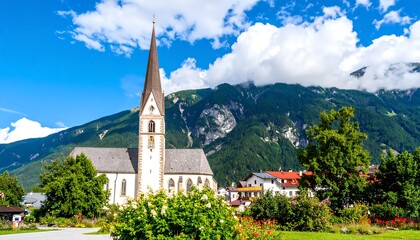 Fototapeta premium Alpine church with mountains