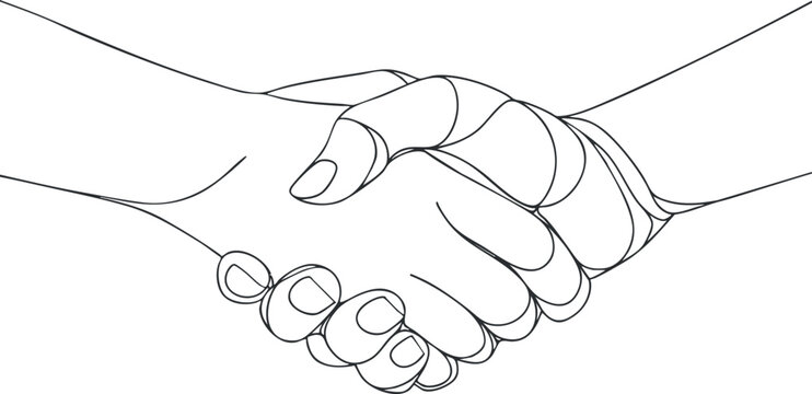 Line art illustration of two hands shaking symbolizing partnership, agreement, and trust.