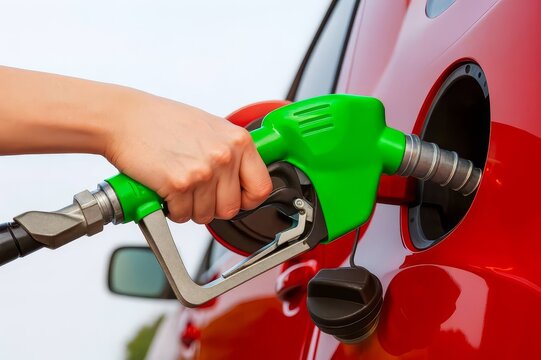 Hand refueling red car with green gasoline pump nozzle closeup