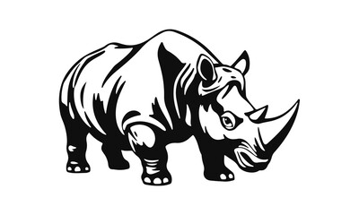 Rhino vector illustration, strong wild animal design, black and white rhinoceros graphic, safari beast logo, horned mammal art