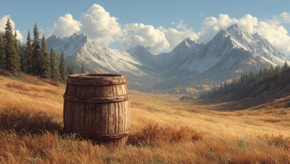 Obraz premium Wooden barrel in a golden meadow, mountains backdrop