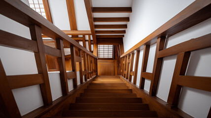 Naklejka premium Wooden staircase with railing and white walls