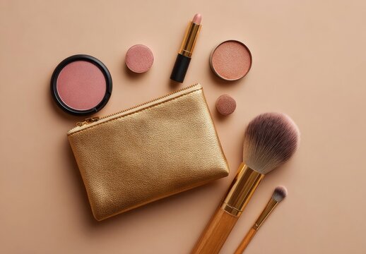A gold cosmetic bag sits amongst blush, lipstick, and makeup brushes on a beige background; a flatlay showcasing beauty products