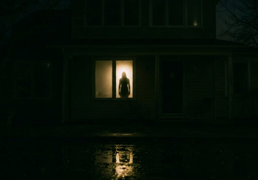 Silhouetted woman stands in glowing window of dark house for horror film poster. Thriller, scary movie concept.