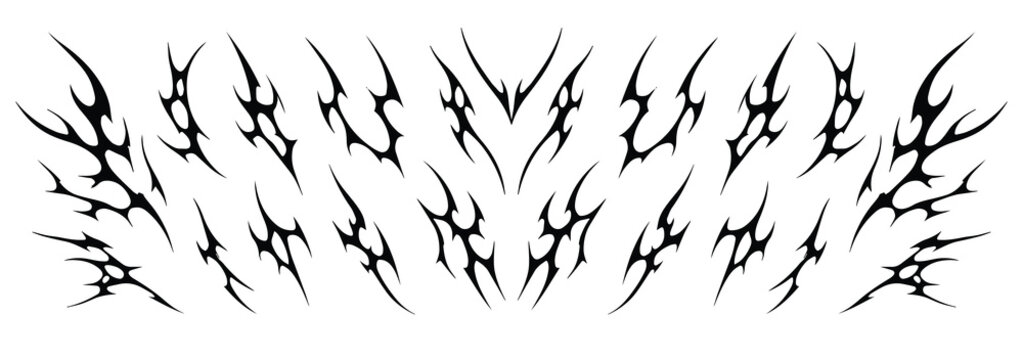 Neo tribal vector art pack. Y2k cyber sigil aesthetic tattoo, simmetric ethnic celtic shape. Vector illustration of emo gothic tribal tattoo designs, acid metal music poster