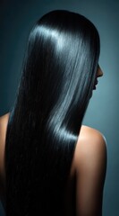Fototapeta premium Sleek ebony hair cascades down a woman's exposed back, illuminated by studio lighting against a blurred bluish backdrop