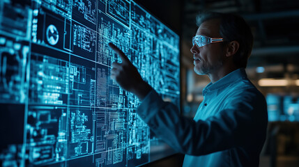 Tech professional operating high-tech display with complex data visualization interface, cutting-edge technology R&D and data analysis scene