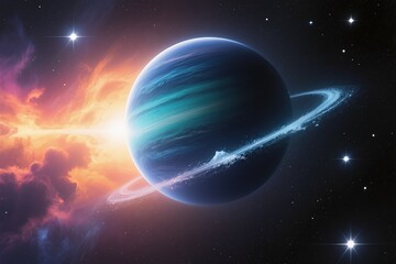 Naklejka premium Experience a breathtaking view of a vibrant planet, encircled by elegant rings amid a stunning cosmic backdrop