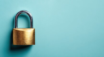 Fototapeta premium A gold padlock with a silver shackle rests on a light teal background, providing ample copy space to the right