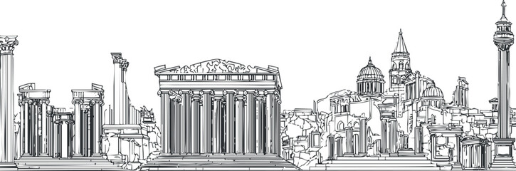 Black and white line art illustration of ancient Greek architecture and ruins including temples and columns