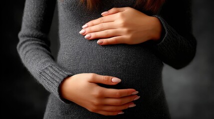 Pregnant Woman Cradling Belly in Grey Sweater with Soft Lighting and Dark Background