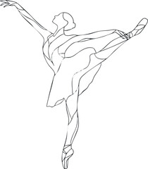 Line art illustration of a graceful female ballet dancer performing an elegant pose in a tutu