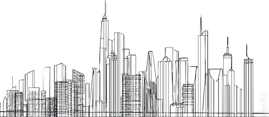 Obraz premium Black and white line art of a modern city skyline with various skyscrapers and buildings