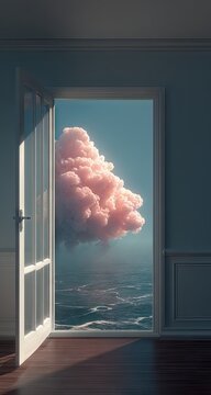 Fototapeta A wondrous pink cloud floats over a tranquil ocean seen through an open door.