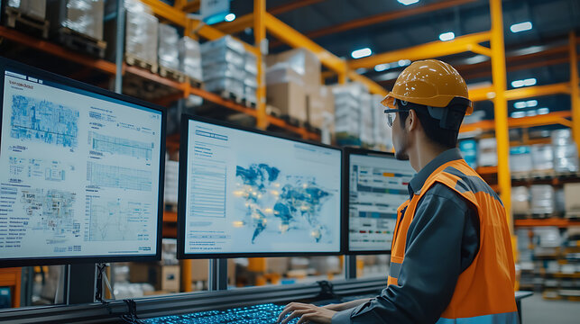 Worker in a Warehouse Analyzing Data on Multiple Monitors