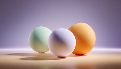 Three colored spheres arranged on a light beige surface.