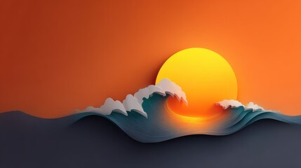 Vibrant Sunset Over Ocean Waves in Contemporary Paper Art Style Displaying Serenity and Natural Beauty
