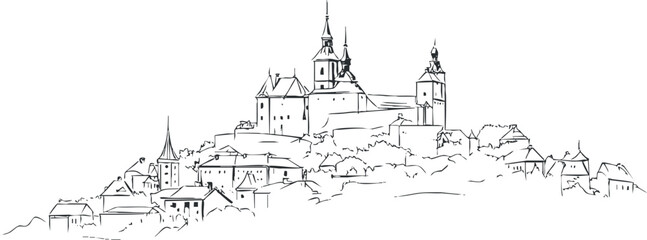 Black and white line drawing of a historic hilltop castle with surrounding village and steeples