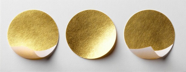 Three gold circular stickers with white adhesive tabs on a white background