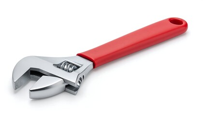 A chrome adjustable wrench with a red handle, isolated on a white background.  Close-up, studio shot