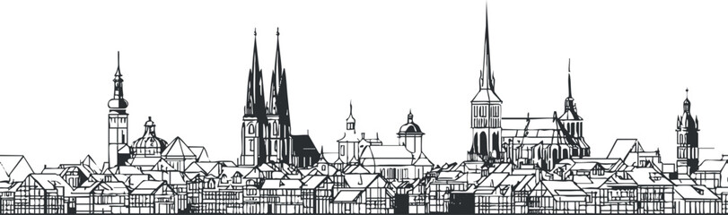 Naklejka premium Black and white line art illustration of a historic city skyline with various church spires and rooftops