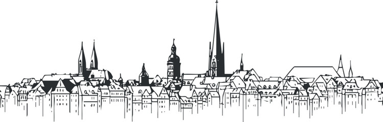 Black and white line art of a city skyline with various buildings and church spires in an urban setting