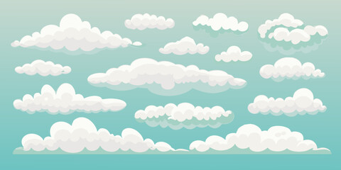 Collection of fluffy white cartoon clouds scattered across a bright blue sky background