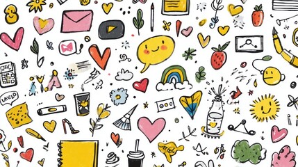 A vibrant collection of doodles features hearts, flowers, food items, and digital symbols, reflecting creativity and playful expression found in everyday life. The artwork captures trendy elements.
