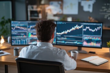 Businessman sitting at desk analyzing investment graphs on dual monitors, coffee and notebook nearby, modern corporate office.