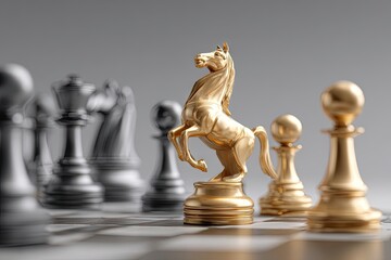 A golden knight chess piece stands prominently in the foreground,  surrounded by blurred silver pieces on a checkered board, suggesting strategy and leadership