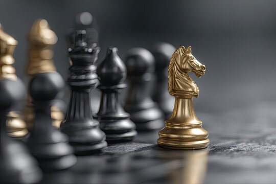 A golden knight chess piece stands prominently before a row of black pieces on a dark surface, suggesting leadership or strategic advantage