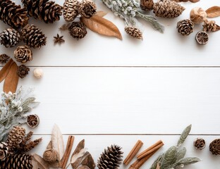 Wintery nature arrangement on white wood
