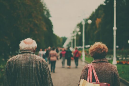 A couple walks down a path in a park on a hazy day. Many blurry figures stroll ahead, with trees lining the road and white streetlights