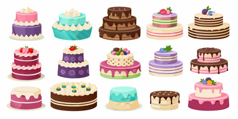 Collection of delicious and colorful layered cakes with various decorations and frostings