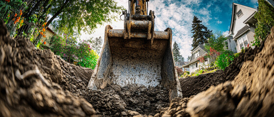 Excavator digging in backyard for home improvement project amidst greenery and clear sky