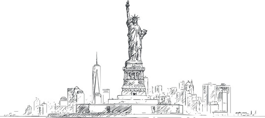 Black and white sketch of the Statue of Liberty with New York City skyline in the background