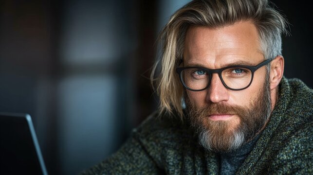 A focused man with a beard and glasses, exuding confidence and style, features prominently in this intimate portrait, Ideal for professional blogs, lifestyle articles, or personal branding needs,
