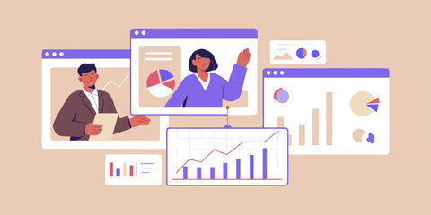 Business professionals presenting data and analytics on digital screens with charts and graphs