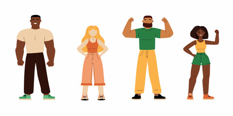 Diverse group of four people standing together with different skin tones and hairstyles