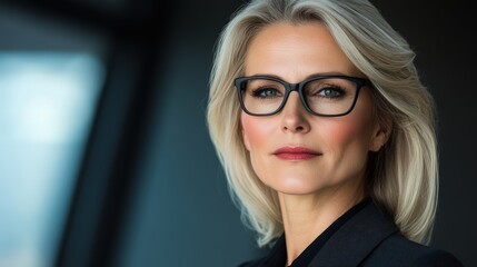 A confident businesswoman with silver hair and glasses stands against a dark background, exuding professionalism, This image is ideal for corporate materials, articles on leadership