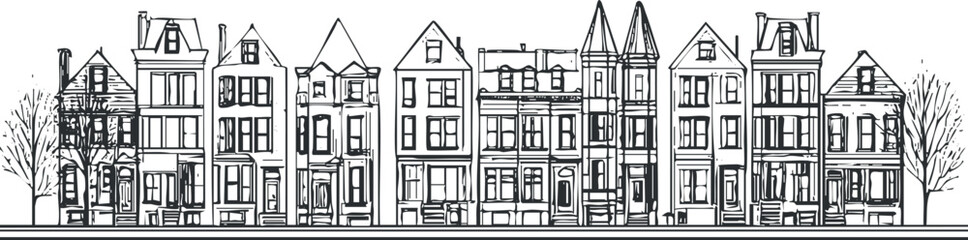 Naklejka premium Black and white line drawing of a row of diverse townhouses forming an urban residential street facade