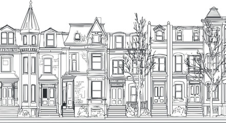 Fototapeta premium Black and white line art illustration of a row of historic townhouses with detailed facades and trees