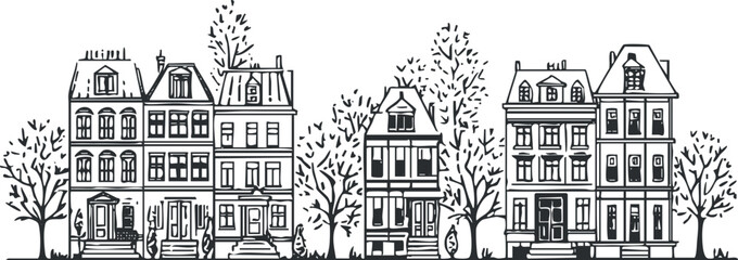 Black and white line art illustration of vintage row houses with trees in an urban residential neighborhood.