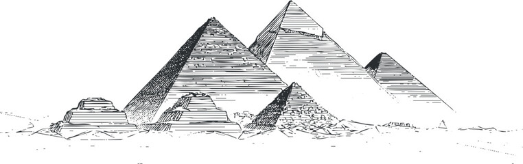 Black and white sketch of the ancient Egyptian pyramids showing their historic architecture and desert setting.