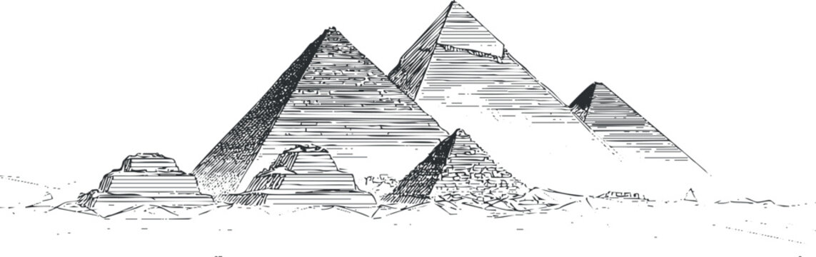 Black and white sketch of the ancient Egyptian pyramids showing their historic architecture and desert setting.