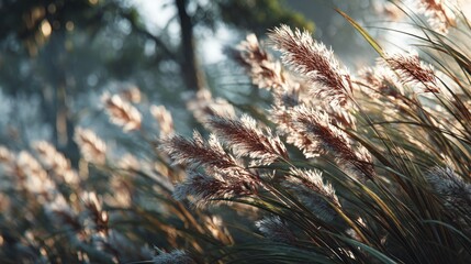 Dreamy Pampas Grass Field Illuminated by Golden Sunlight in a Serene Landscape
