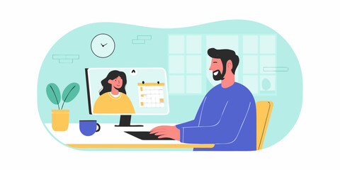 Man and woman having a video call conversation and planning their schedule on a calendar